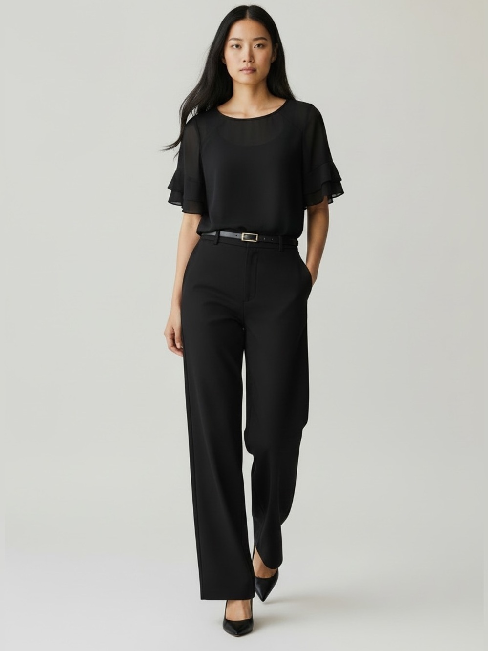 Ricki’s Black Short Sleeve Sheer Blouse Flowy Ruffle Sleeves Size Small
